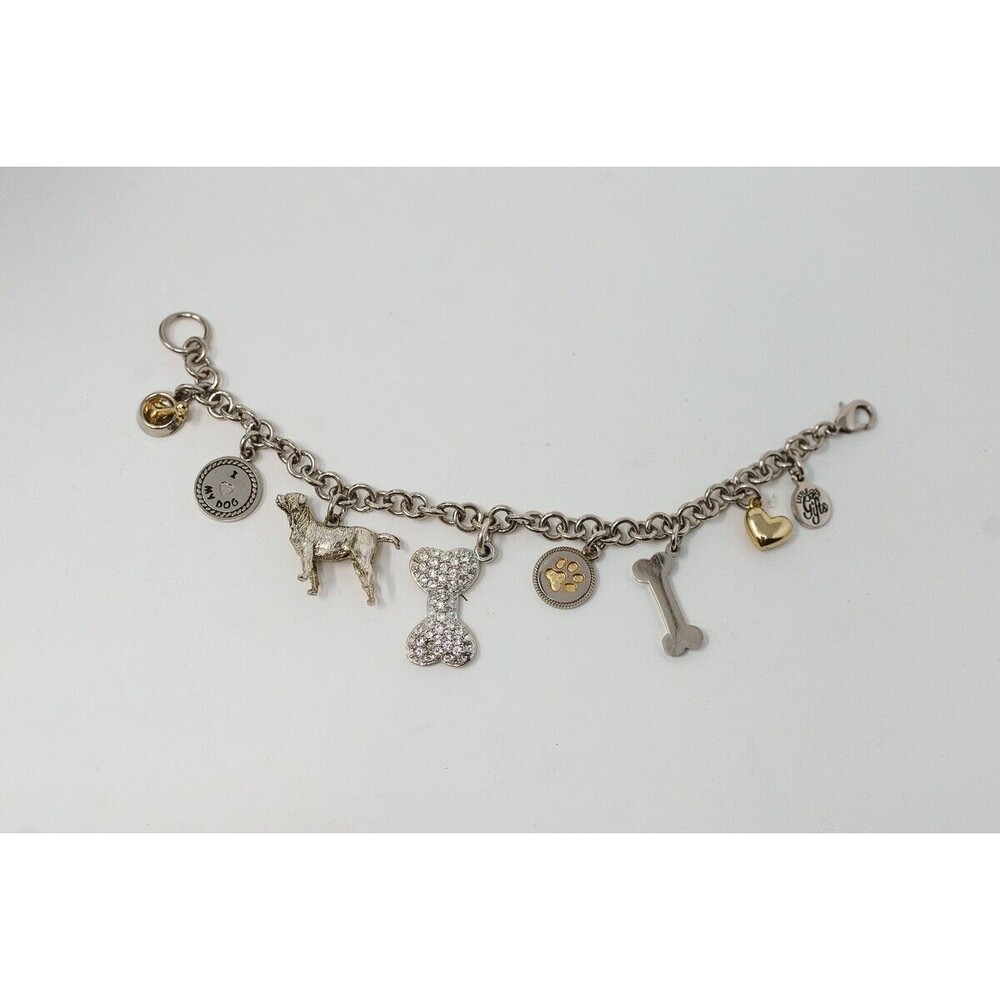 I LOVE MY DOG Charm Bracelet crytal bow bone Silver Tone  little gifts 7.25"
